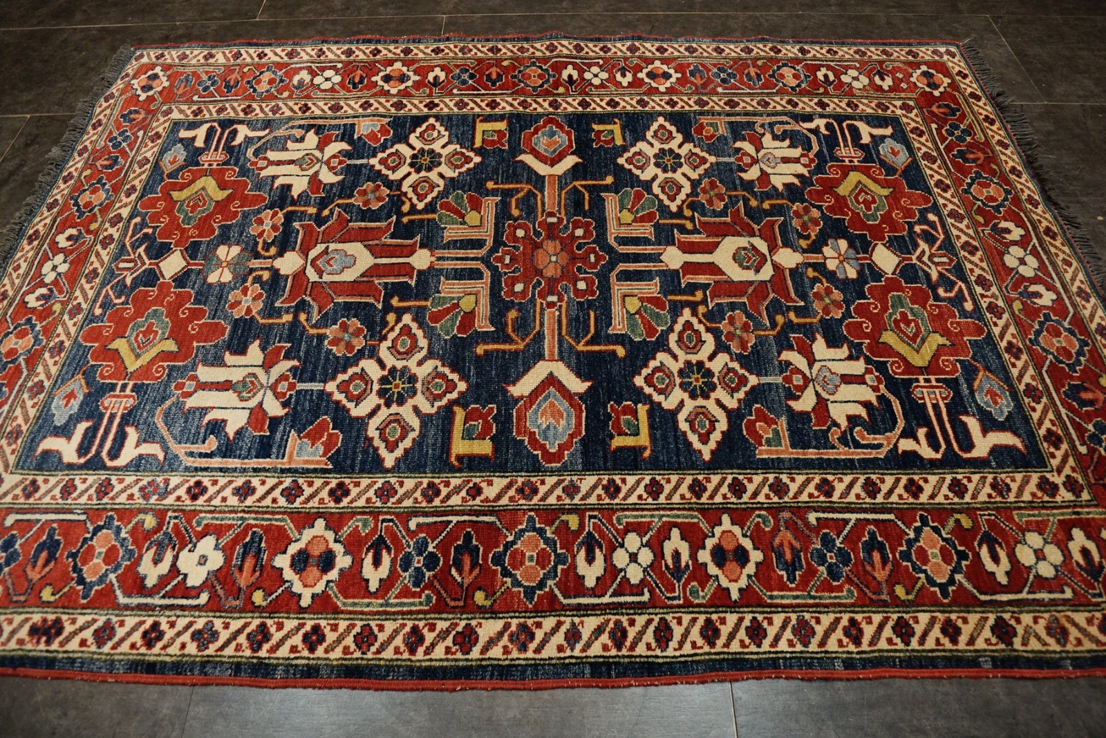Vintage Kazak Rug Hand Knotted Blue Red Wool Tribal Oriental Area Carpet
