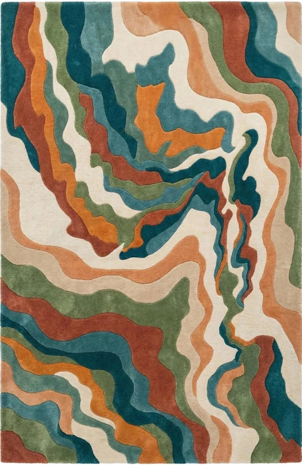 Abstract Wave Wool Rug Teal Rust Green Hand Tufted Wool Area Rug 8×10 Modern Rug