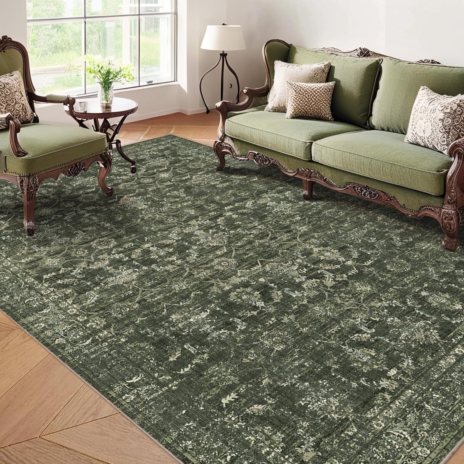 Washable Area Rug 5X7 Green Rugs for Living Room, Vintage Boho Large Rug for Bed