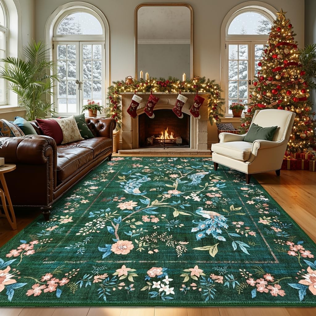 Large Area Rugs 9×12 for Living Room, Dark Green Washable Rug Soft Non Slip B…