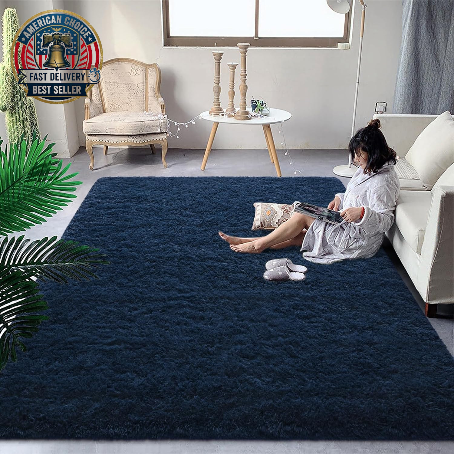 Fluffy Navy Blue Rugs for Bedroom Living Room, 8X10 Large Soft Plush Shaggy Dark