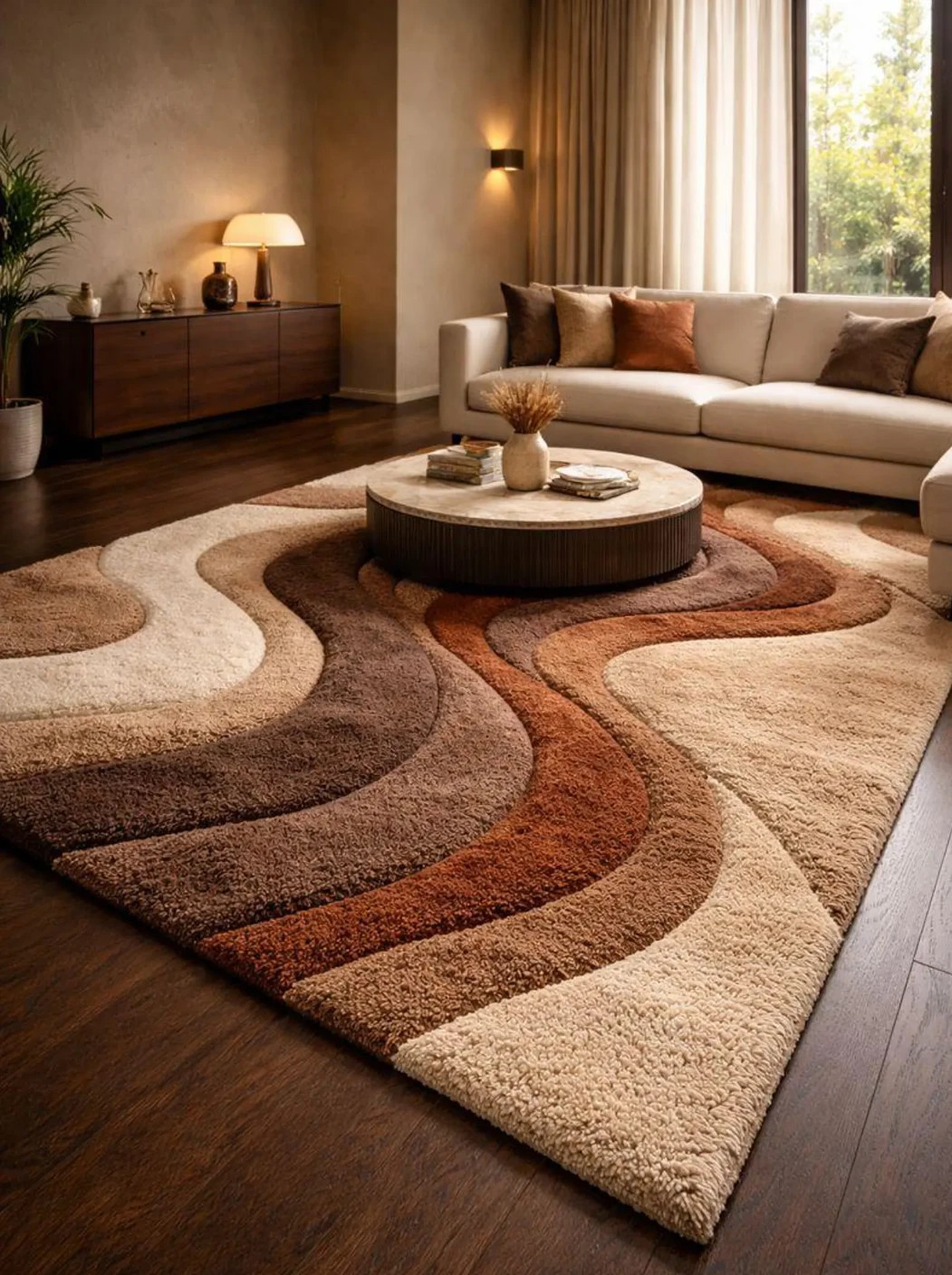 Modern Beige Brown Wave Design Hand Tufted Wool 9×12 Area Rug Living Room Carpet
