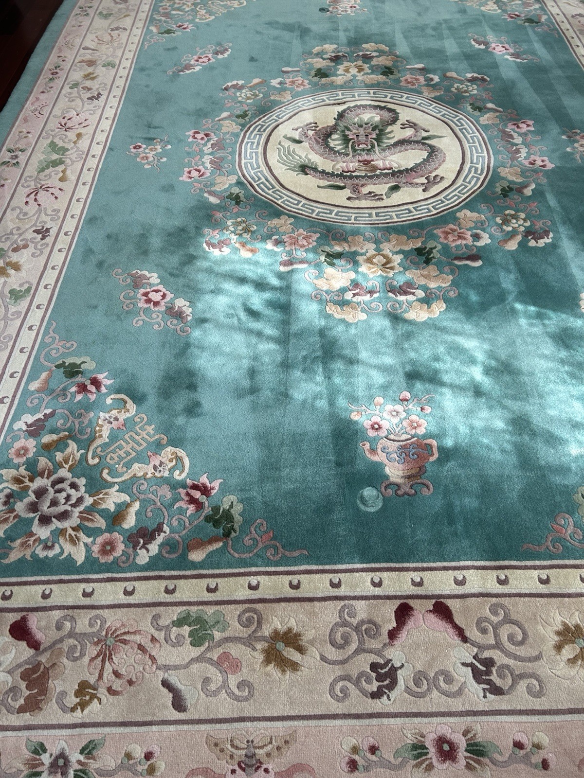 Chinese Wool Rug Teal Dragon Floral Motifs Carpet Antique Textile