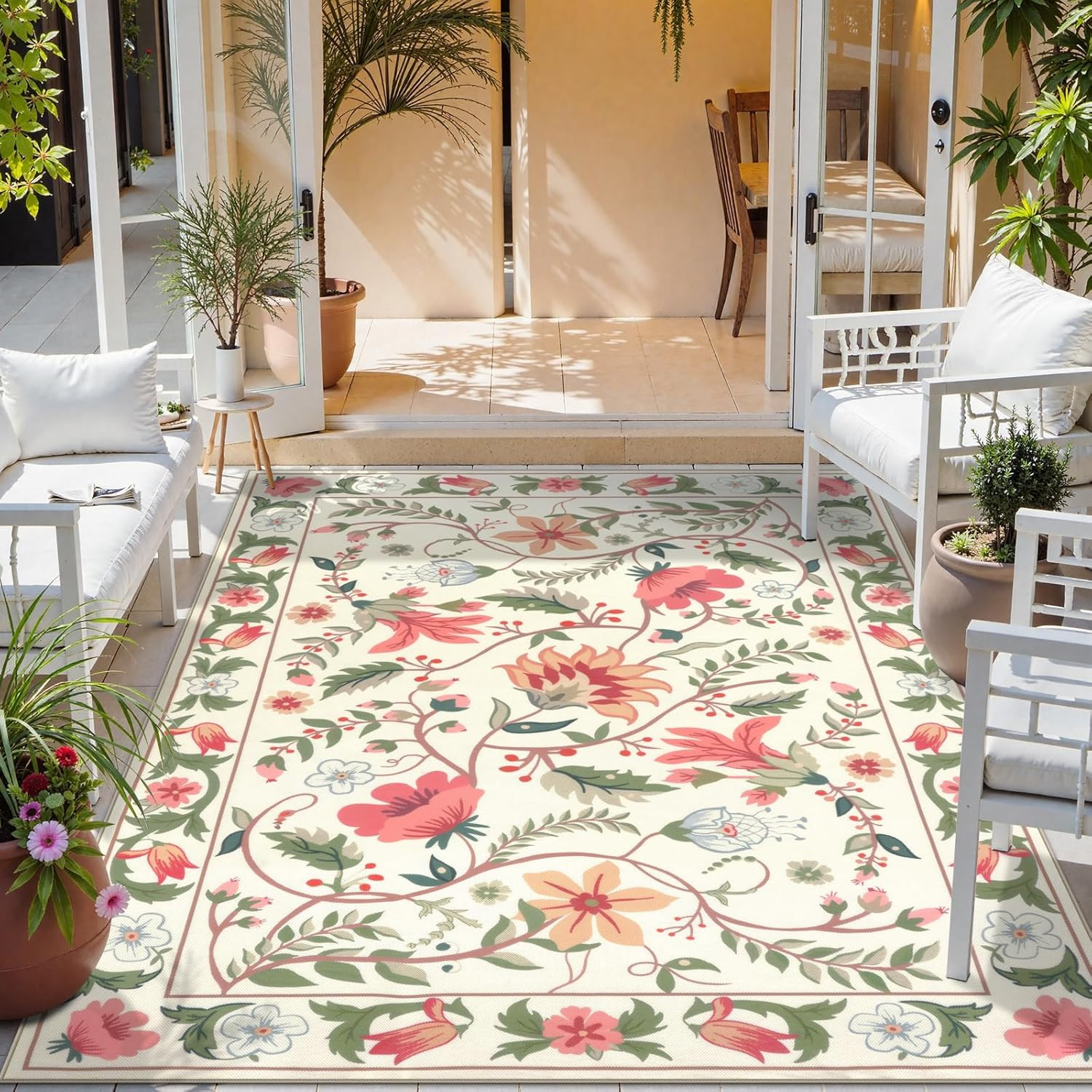 Indoor Outdoor Area Rug 6X9 Ft, Large Floral Patio Rugs for RV Camping Outside,