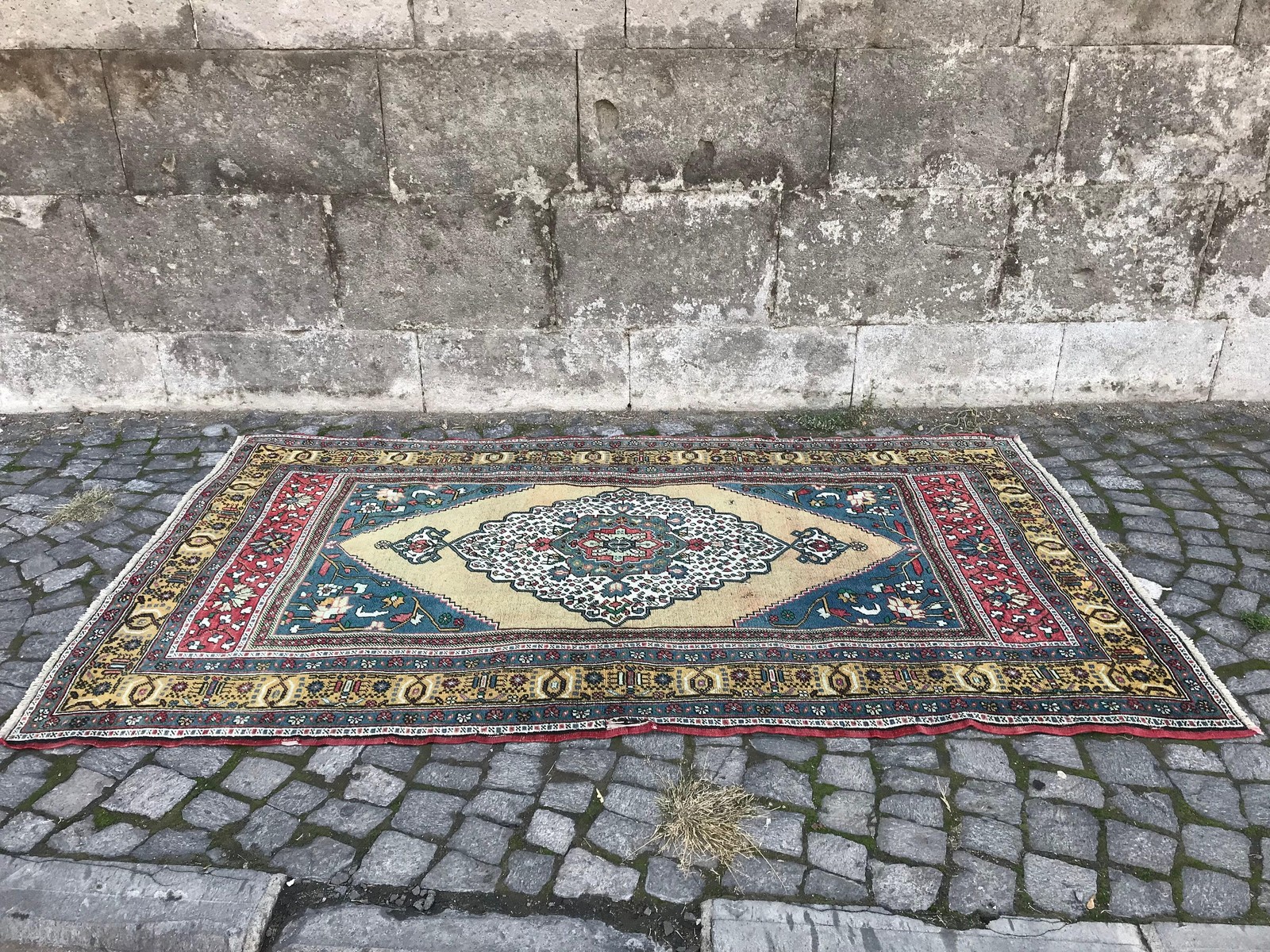 Turkish Rug, 4,9×8,2 ft Vintage Rug, Blue Yellow Polka dot Wool Rug
