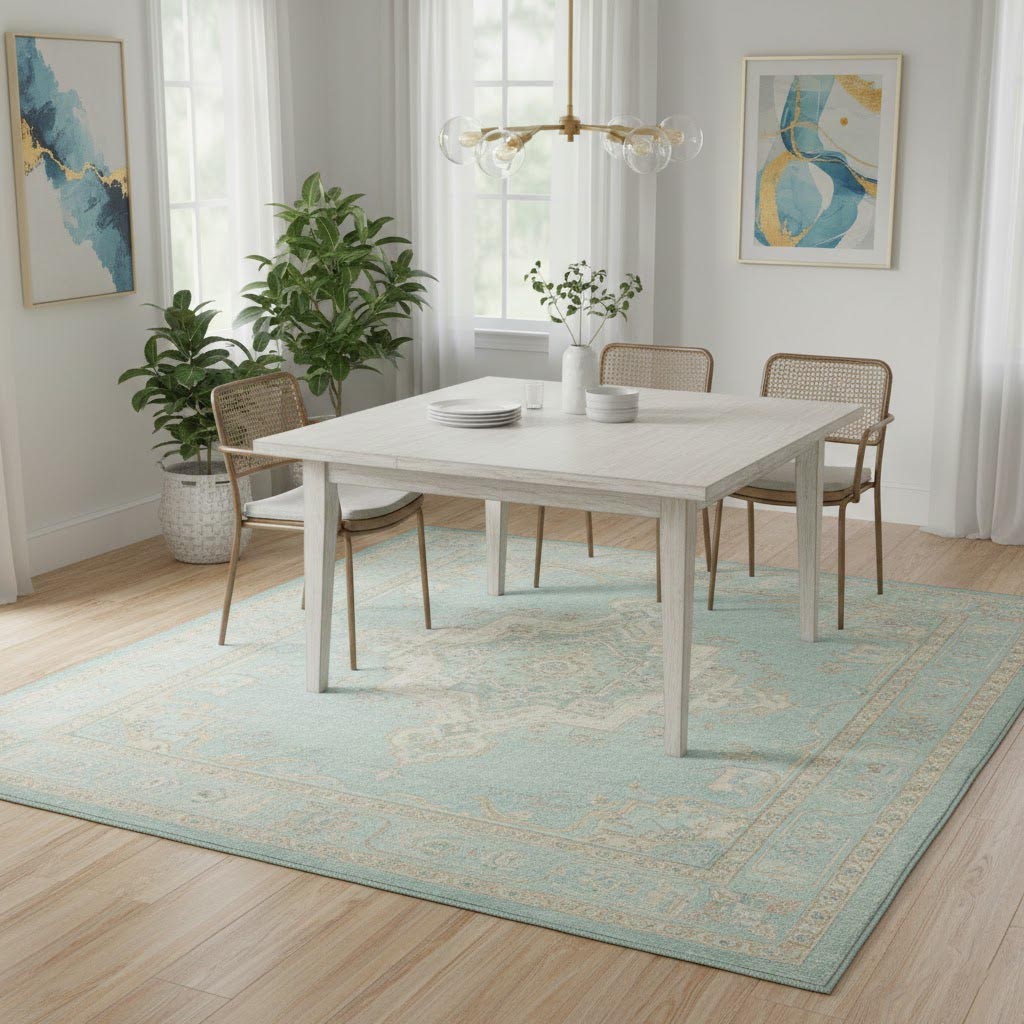 8×8 ft Handmade Muted Aqua Blue Floral Wool Oriental Square Rug Decor Carpet