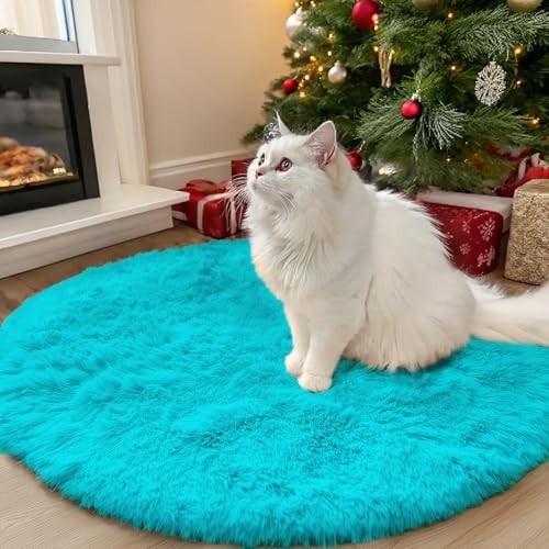 Teal Blue Round Rugs for Bedroom – Machine Washable, 3′ Circle Area Rugs for