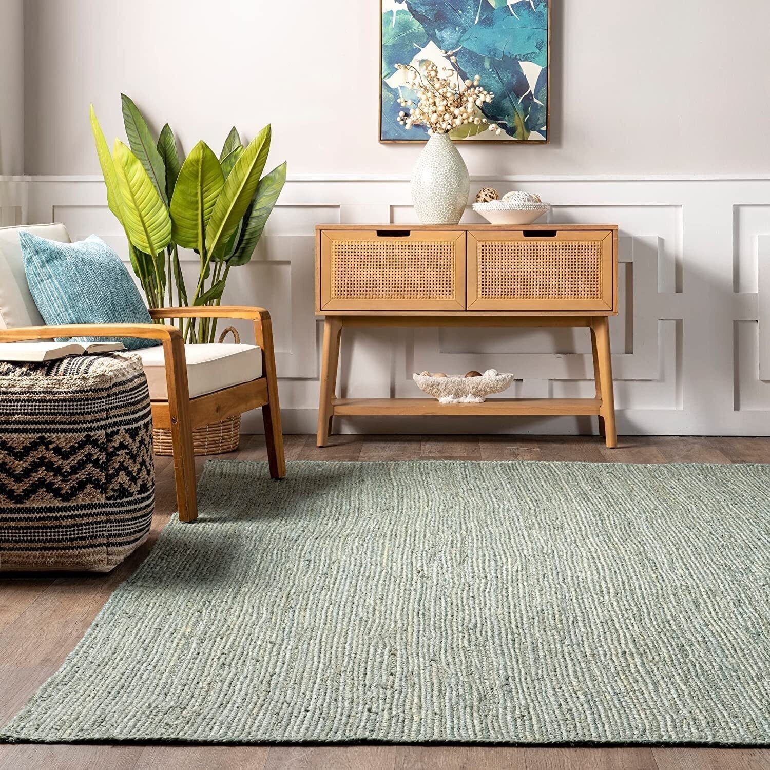 Handmade Jute Rug Green Color Hand Braided Bohemian Modern Carpet For Living Mat