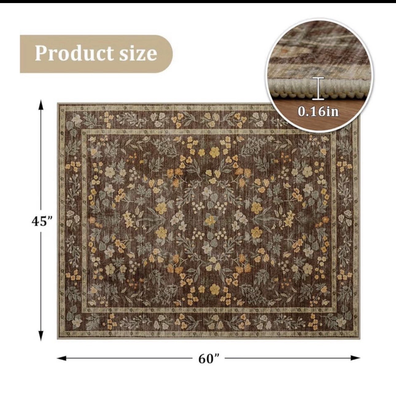 Floral & Nature Area Rug Rectangle 45x60in Brown Beige Yellow Gray 0.16in Thick