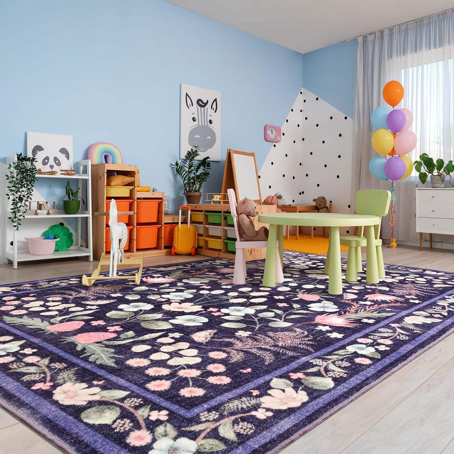 Vintage 5×7 Washable Purple Blue Area Rug – Non-Slip Floral Carpet
