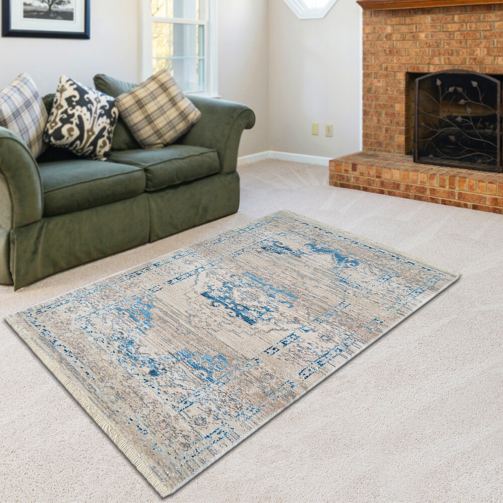 Machine Woven Cross Weave Polyester Area Rug Oriental Ivory Blue BBH Homes BBM00
