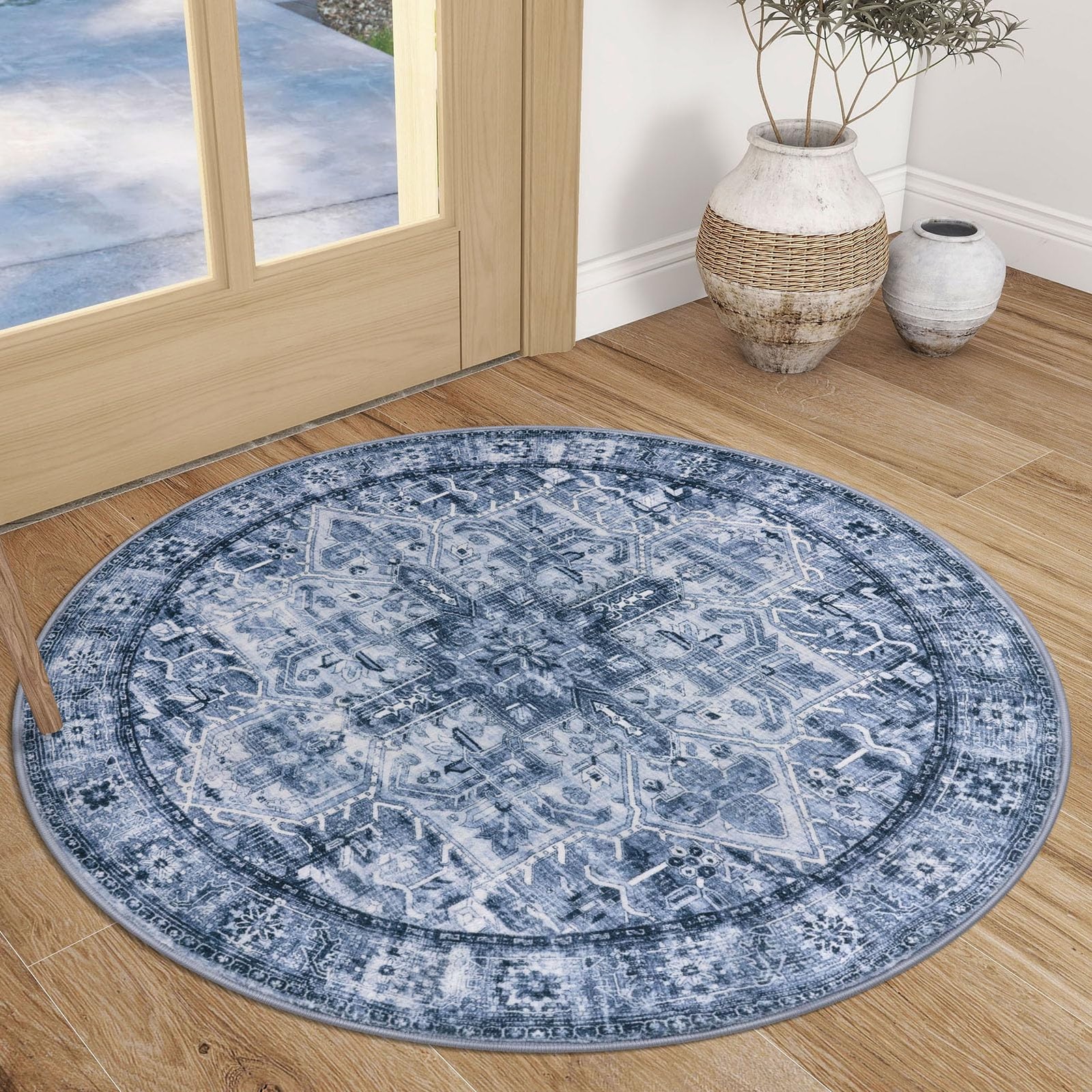 3′ Round Washable Rug for Entryway, Blue Soft Printed Area Rug, Non-Slip Kitc…