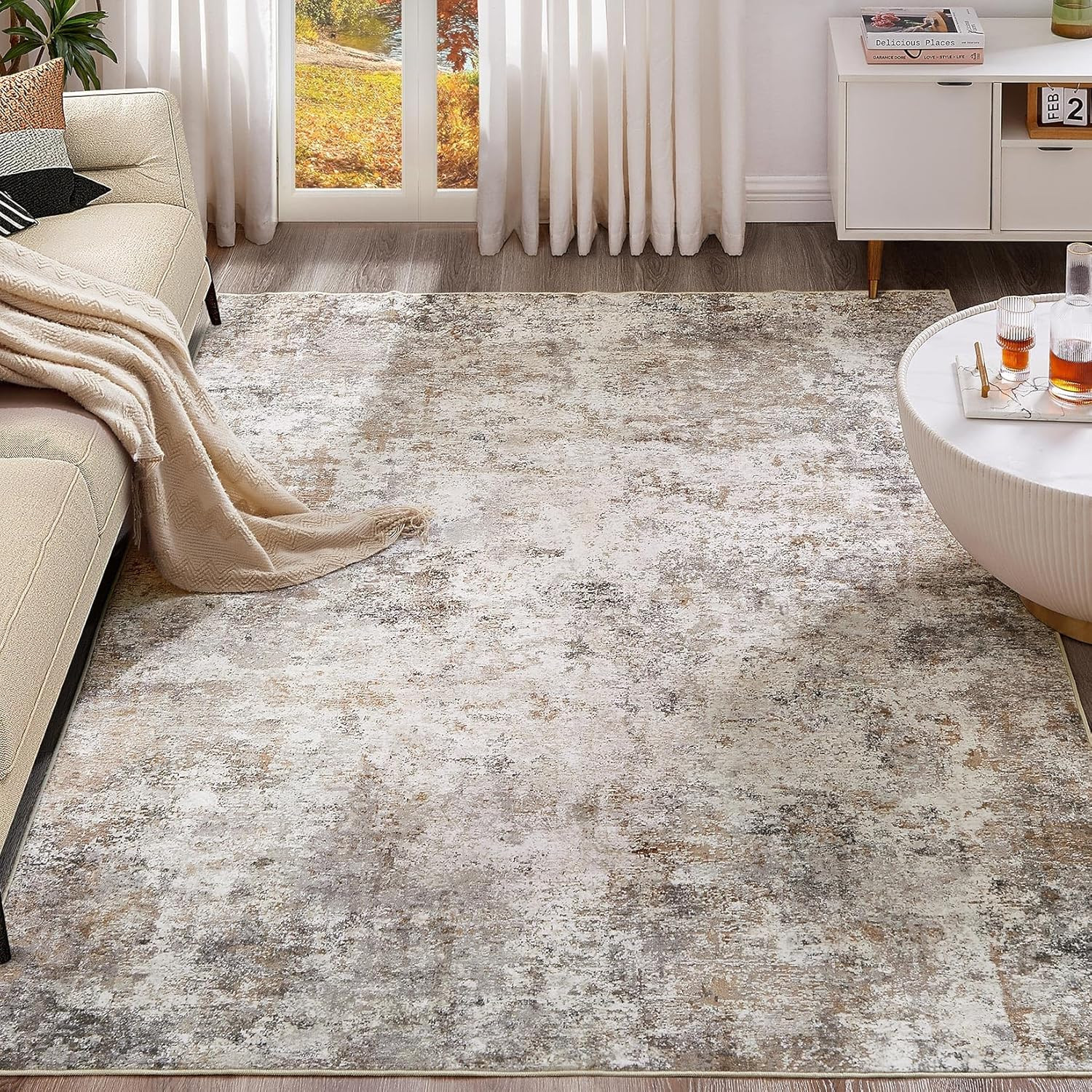 9X12 Washable Area Rug – Neutral Modern Abstract Living Room Rugs, Non-Slip Soft