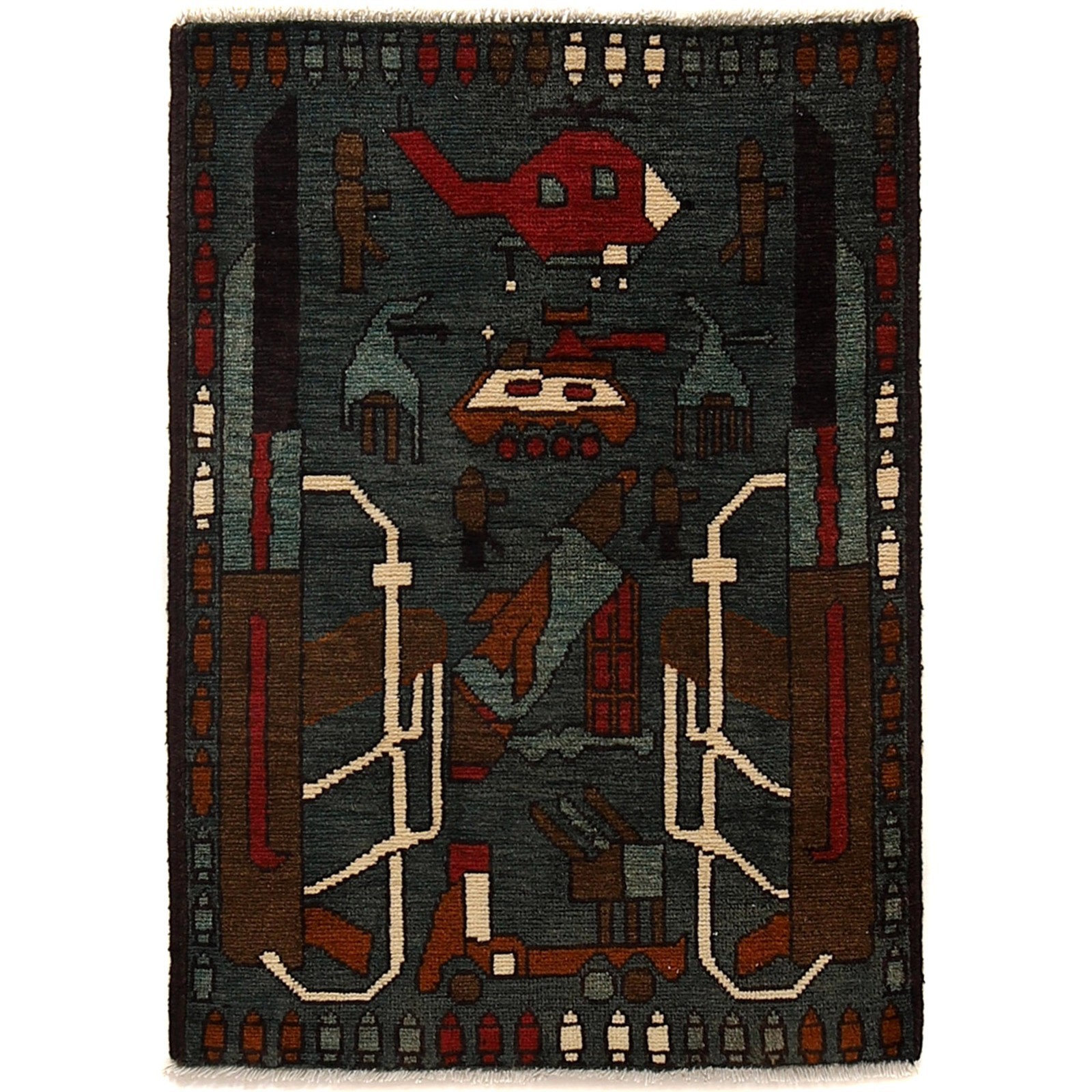 Riffle Tank Helicopter Pictorial War Design Afghan Handmade Rug 1’9×2’7ft