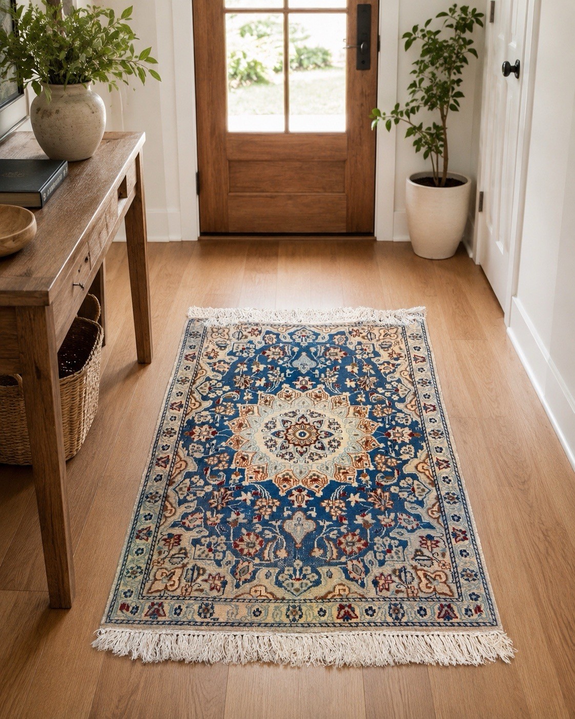 Vintage Blue Ivory Wool Nain Area Rug 3×4 Traditional Medallion Hand Knotted