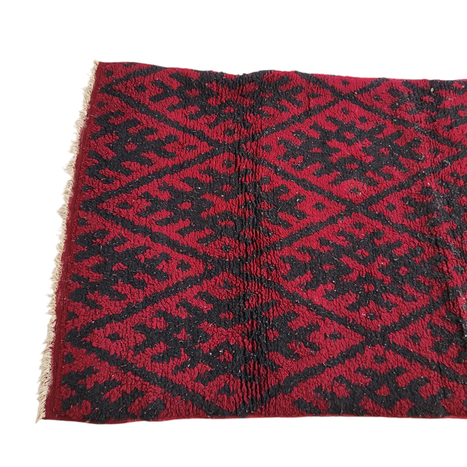 Handmade Moroccan Rug Vintage Burgundy Fringe Beige Diamond Pattern Carpet 40 Yr
