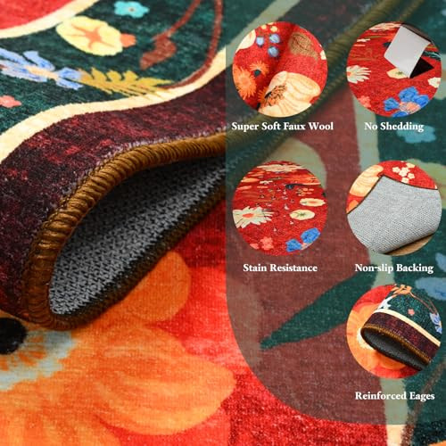 Floral Large Area Rug for Living Room, Washable 5×7 Red Christmas Rug Boho
