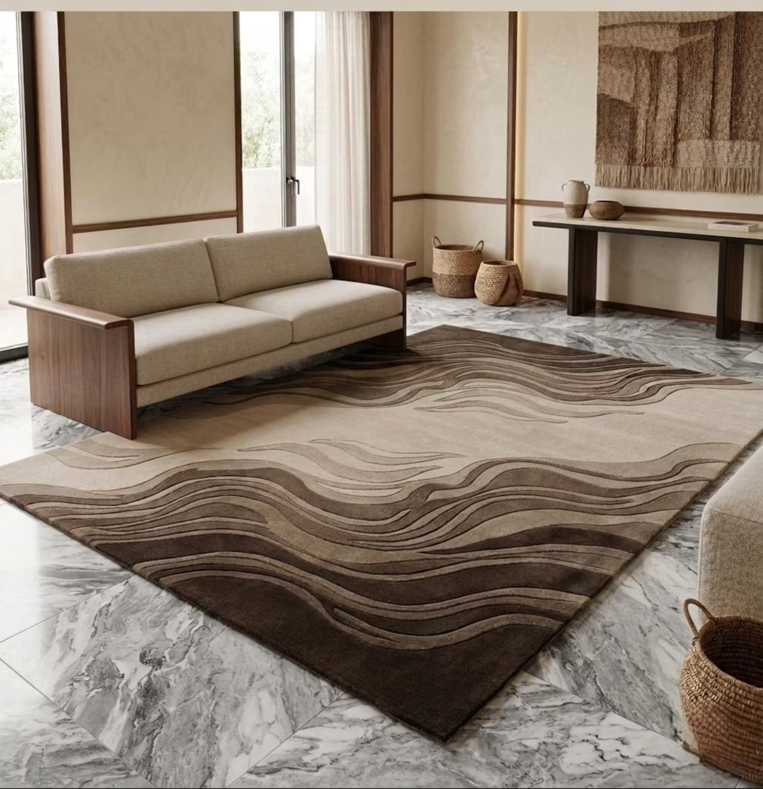Hand Tufted Wool Rug, Abstract Wave Design, Neutral Living Room Area Carpet