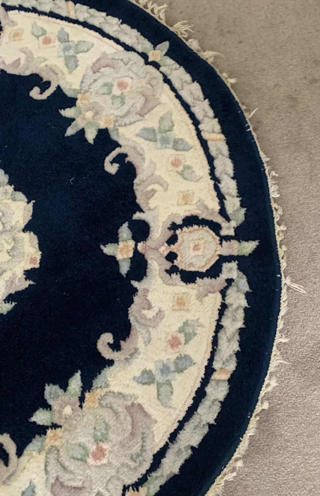 Vtg 100% Wool Pile Rug 48” Round Hand Knotted Chinese Art Deco Blue Cream