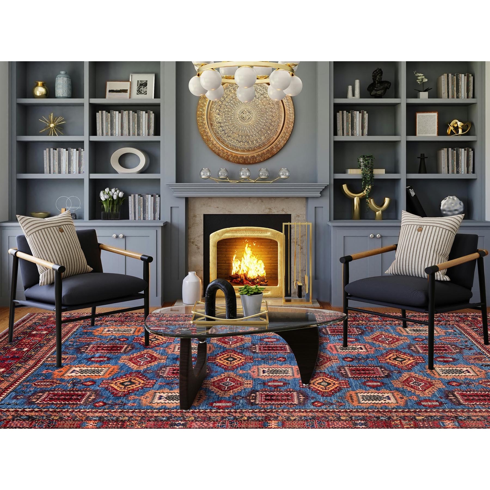 10’x13’6″ Blue Afghan Ersari Caucasian Design Revival Hand Knotted Wool Rug R565