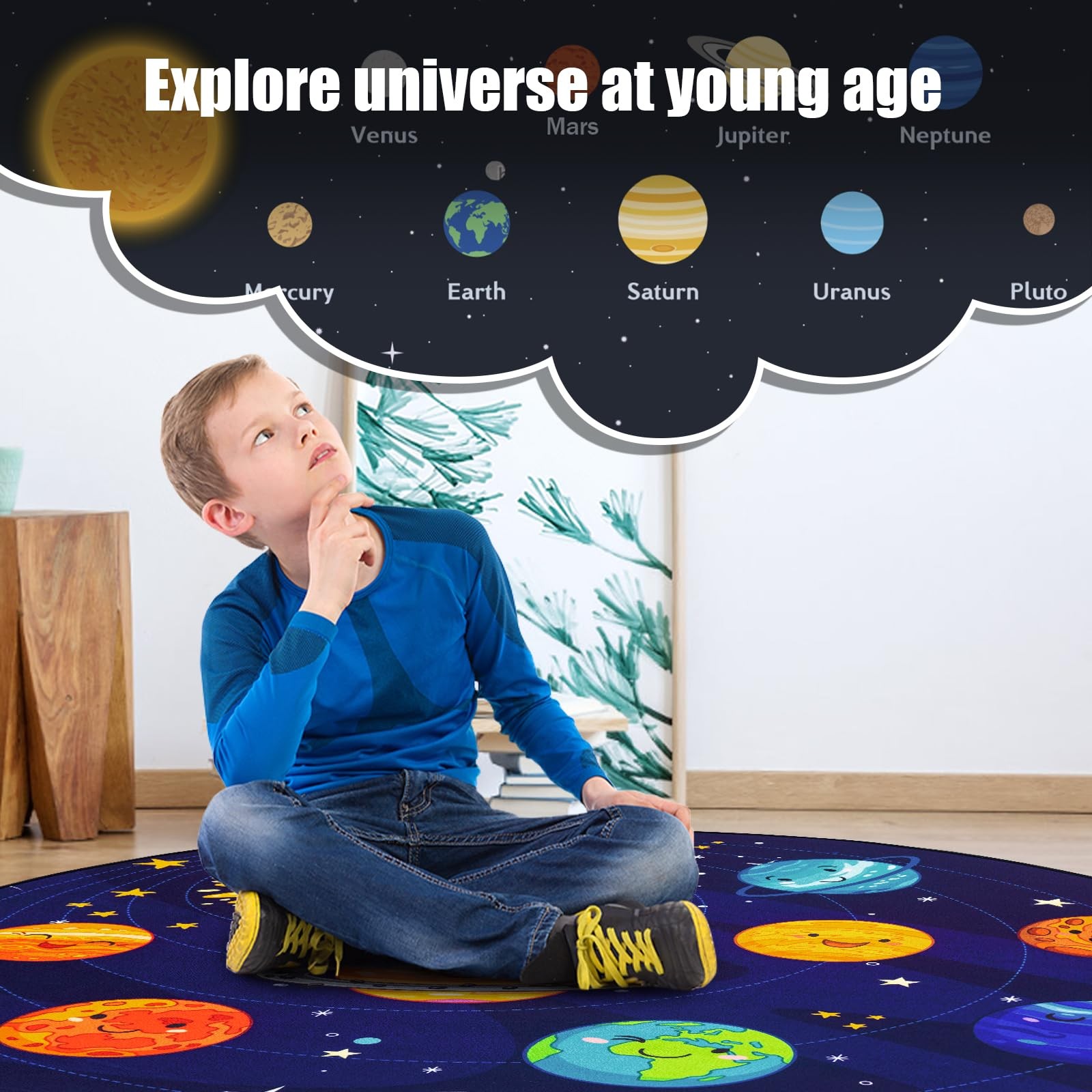 Round Space Rug for Room 40×40” Solar System Circle Rugs for Bedroom Rugs fo…