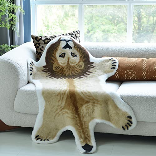 Lion Print Fluffy Faux Fur Mat – 3.3 x 4.9 ft Animal Printed lion print rug