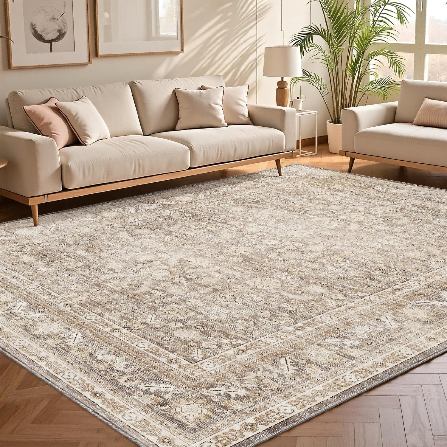 Vintage Beige Area Rugs 8X10, 8 X 10 Retro Washable Rug Non Slip, Low-Pile Faux