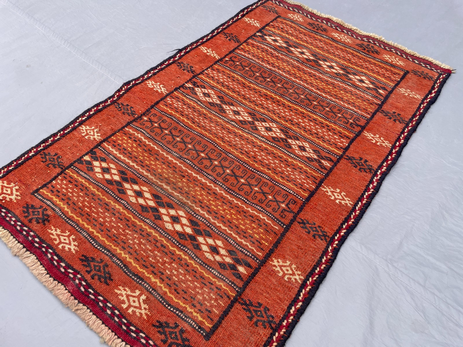 2×3 Handwoven Afghan Kilim Rug with Diamond Bands and Traditional Tribal Symbols