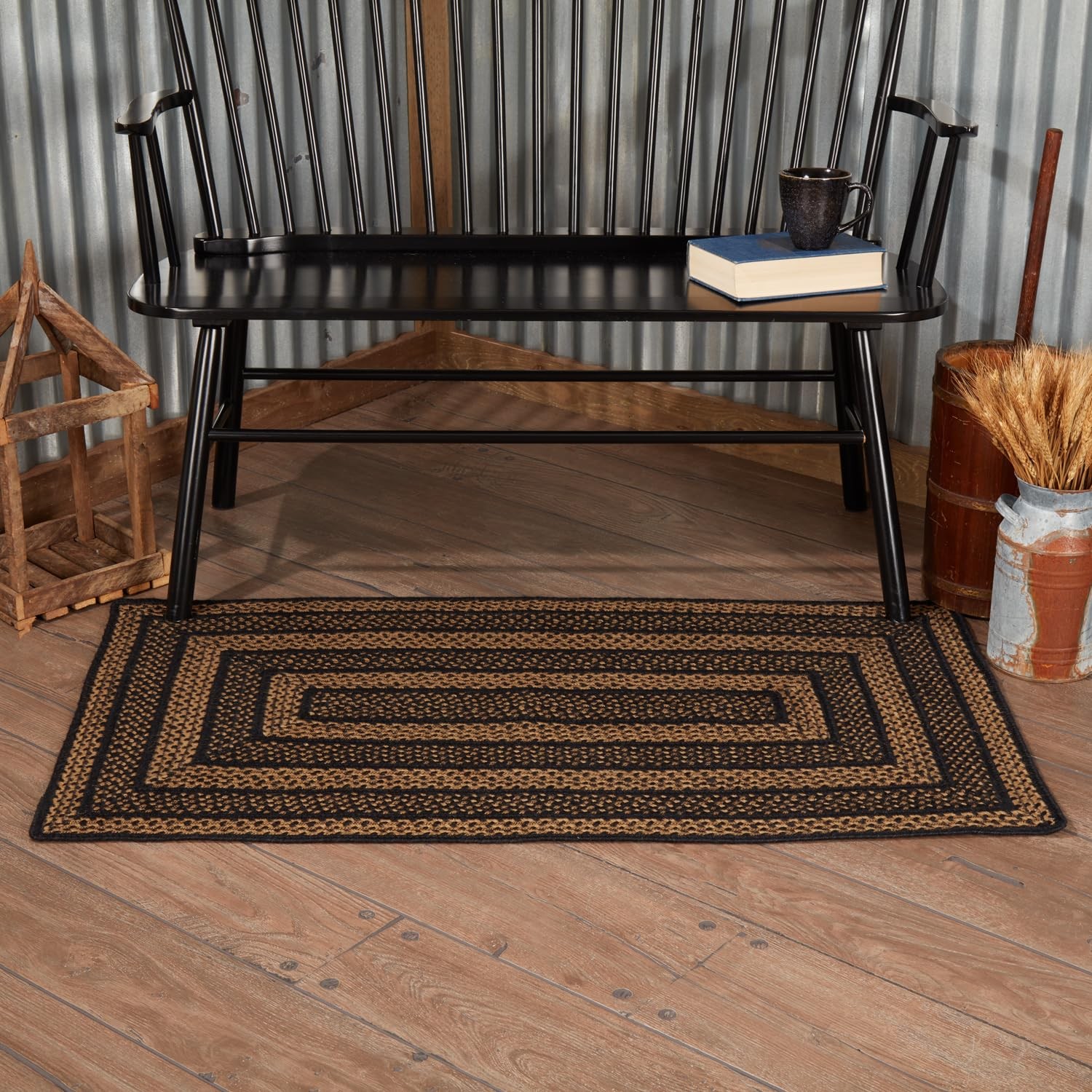 VHC Brands Farmhouse Primitive Jute Black Striped Rug Rectangle w/Floor Pad 2…