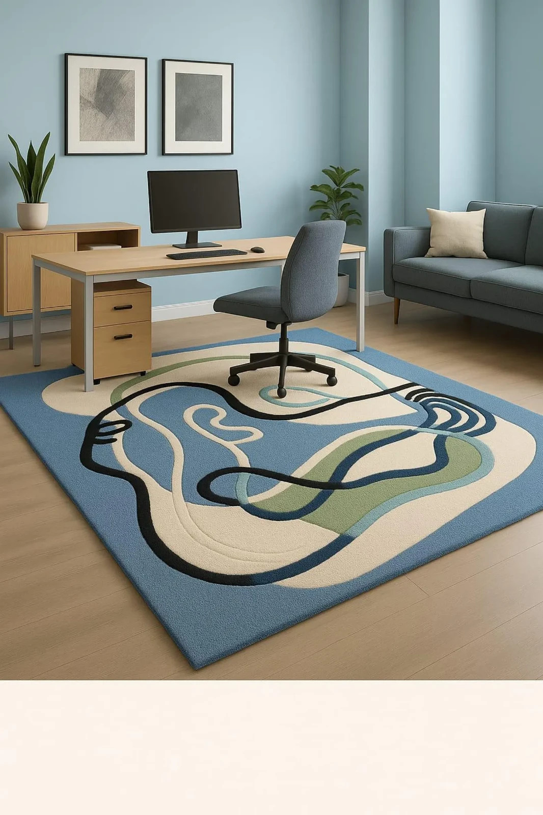 Hand-Tufted Wool Rug | Abstract Blue Office, Mid-Century Modern Area Carpet