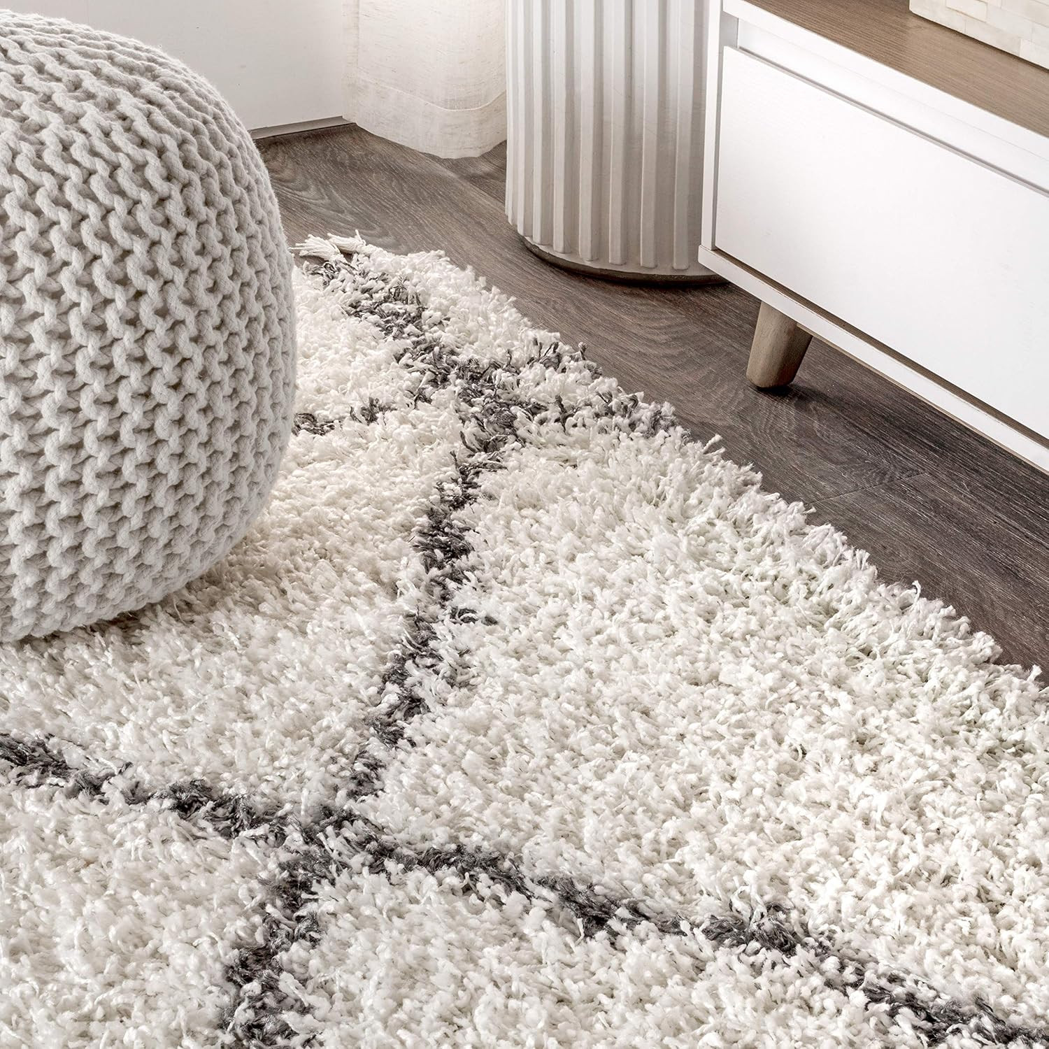 Mercer Shag Plush Tassel Ivory/Gray Indoor Area Rug, 3X5, Moroccan Geometric Tre