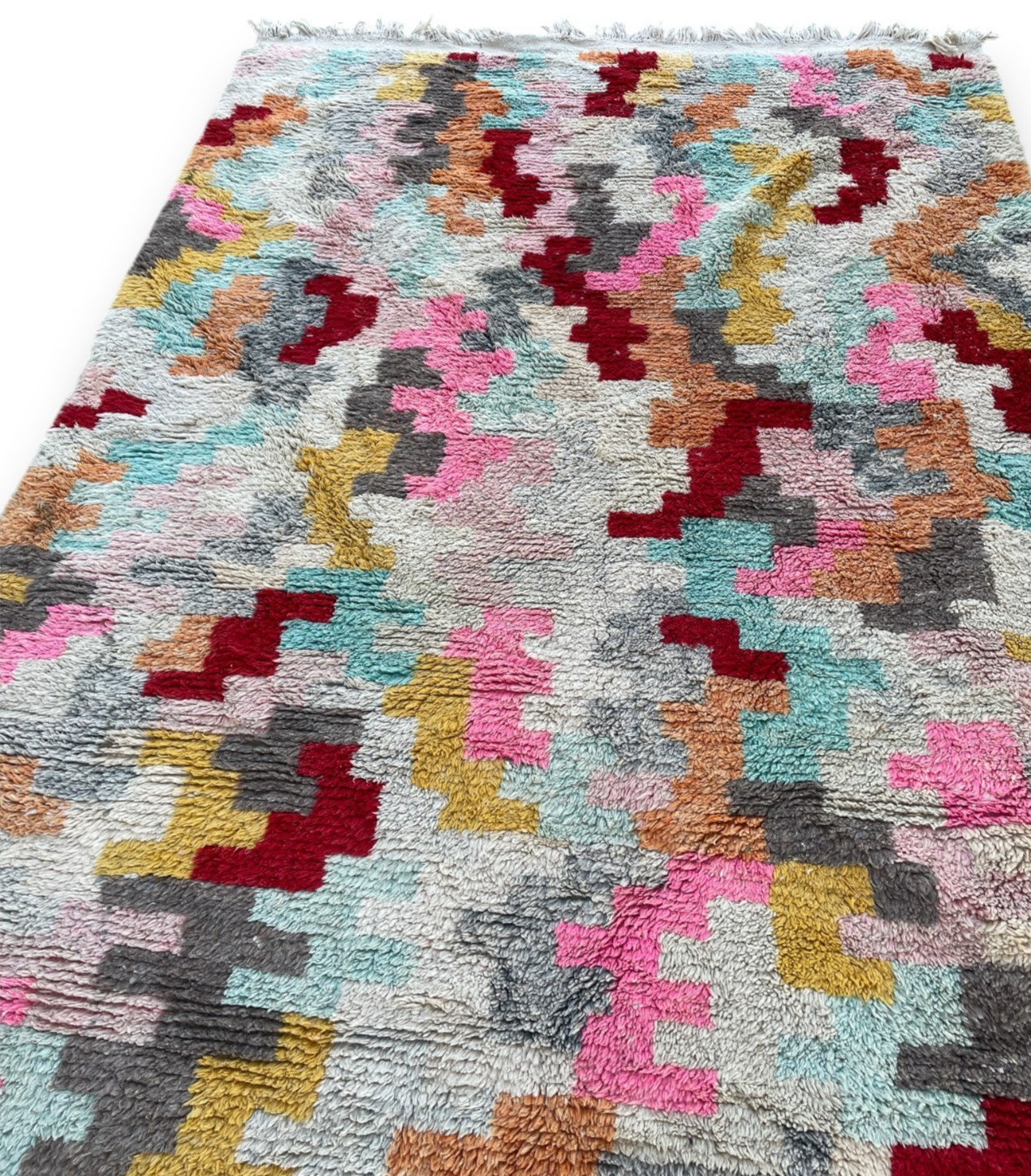 Vintage Moroccan Rug Bright Multicolor Boujaad Berber Handwoven Wool Shag 76×114