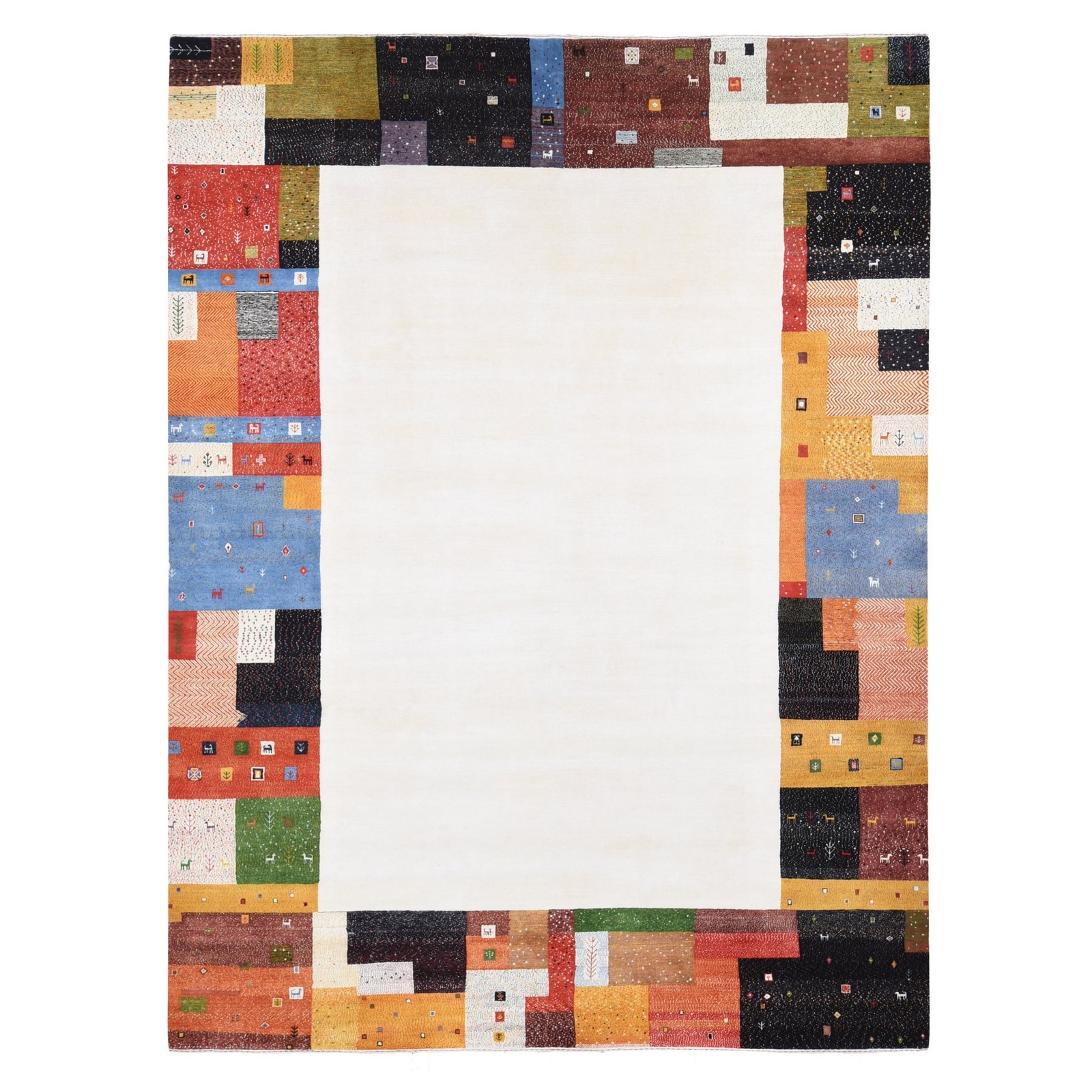 9’8″x13’5″ Ivory Folk Art Lori Buft Gabbeh Design Wool Hand Knotted Rug R80646