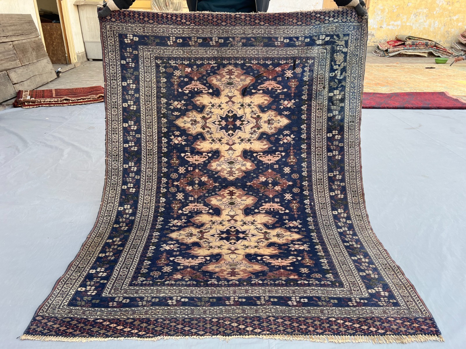 4×5 Elegant Afghan Floral Rug Wool Carpet Navy Beige Medallion Traditional Decor