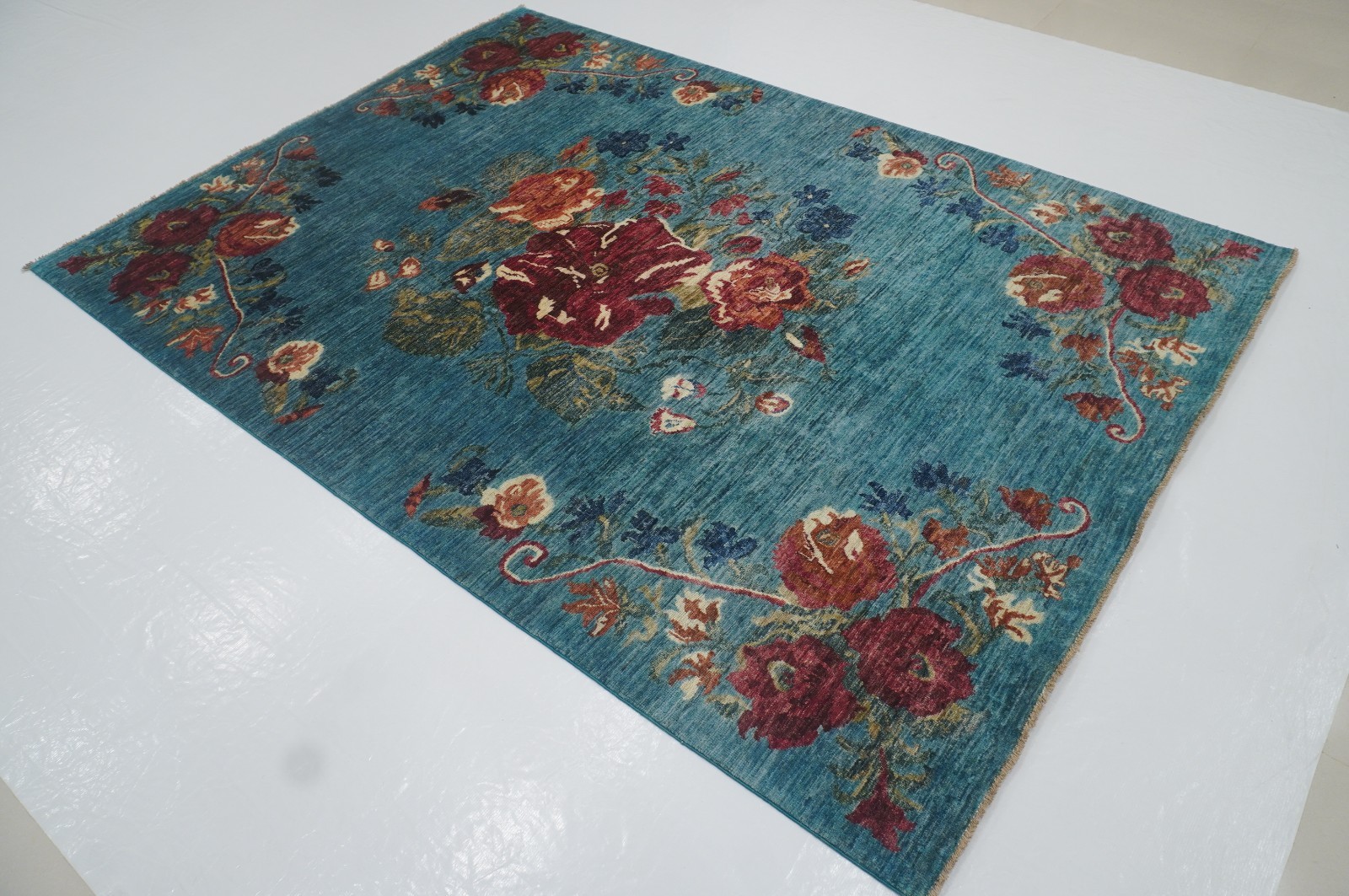 6×8 ft Turquoise Blue Floral Afghan Hand Knotted Wool Area Rug