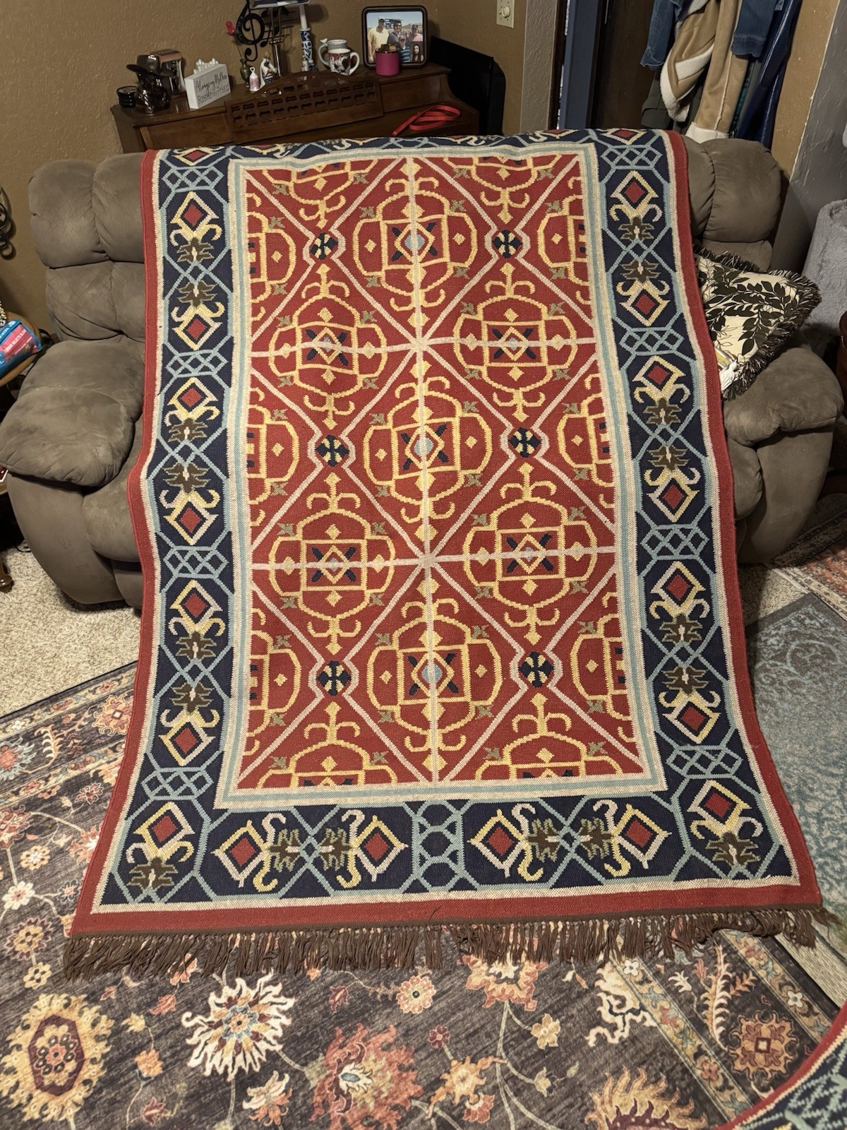 Traditional Wool Woven Hand Tied Area Rug Red Blue Yellow Beige Brown Flat Weave