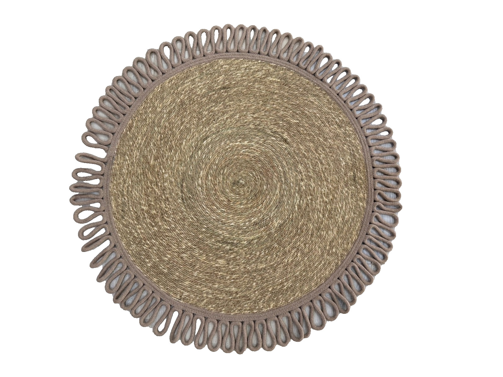 Handwoven Round Seagrass Rug 3×3 Natural Mocha Brown Cotton Scalloped Border