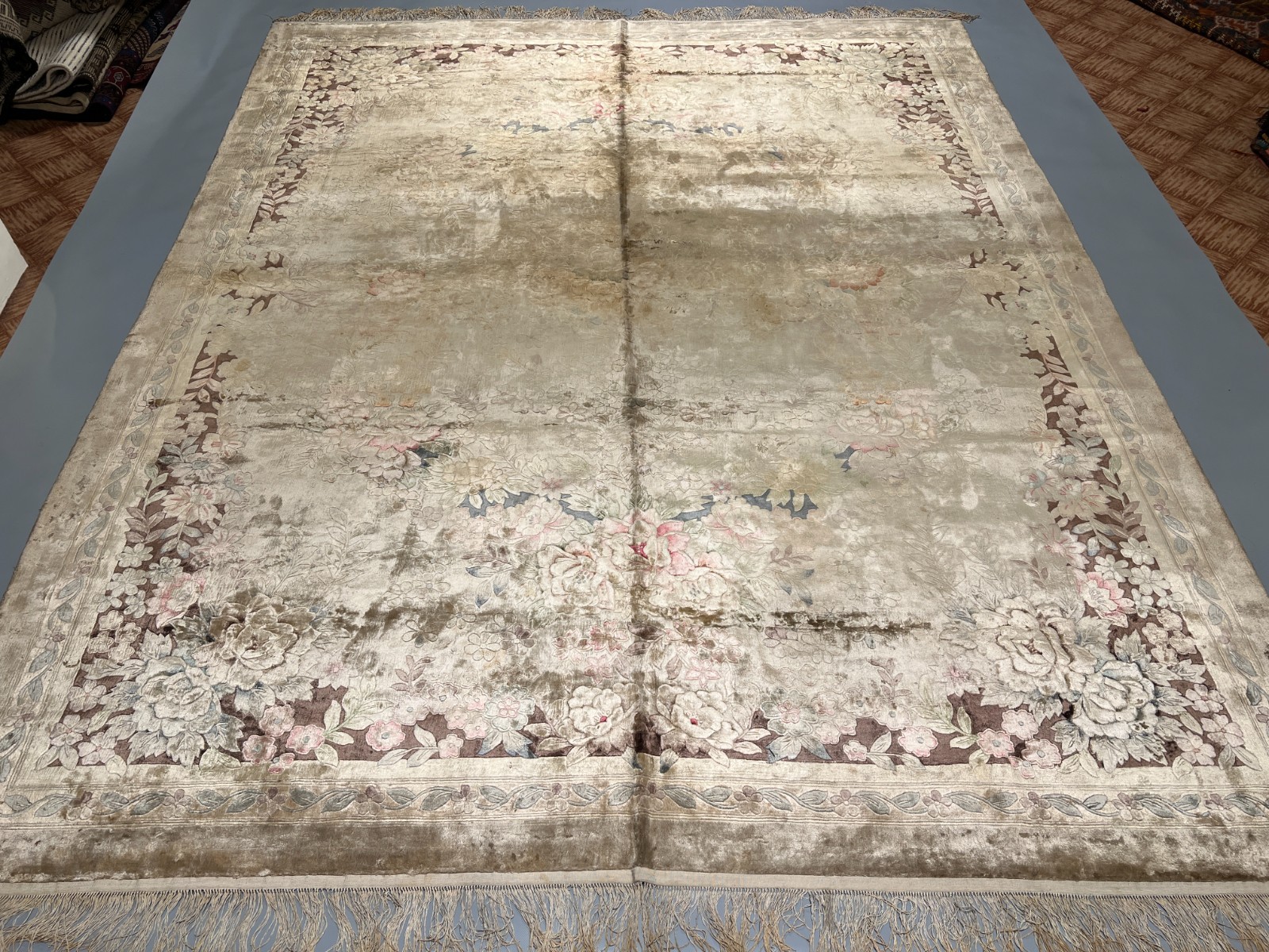 8×10 Luxury Chinese Floral Silk Rug Vintage Beige Ivory Art Deco Style Handmade.