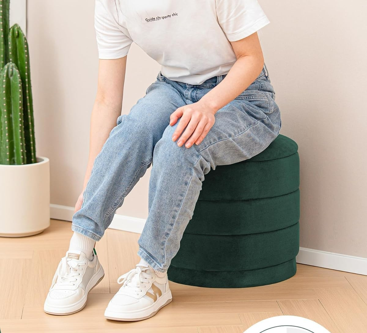 Round Velvet Storage Ottoman with Tray Folding Ottoman with Storage Coffee Table
