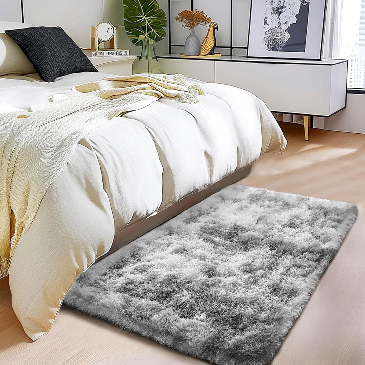 Shaggy Soft Rug Tie-Dye Light Grey 2×3 ft Microfiber Anti-Slip Floor Carpet