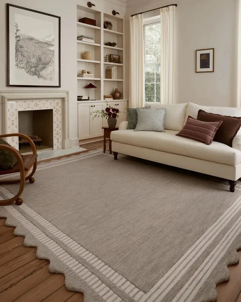 Scalloped Area Rug Light Gray & Cream – Custom Size 8×10, 9×12 Woven Carpet
