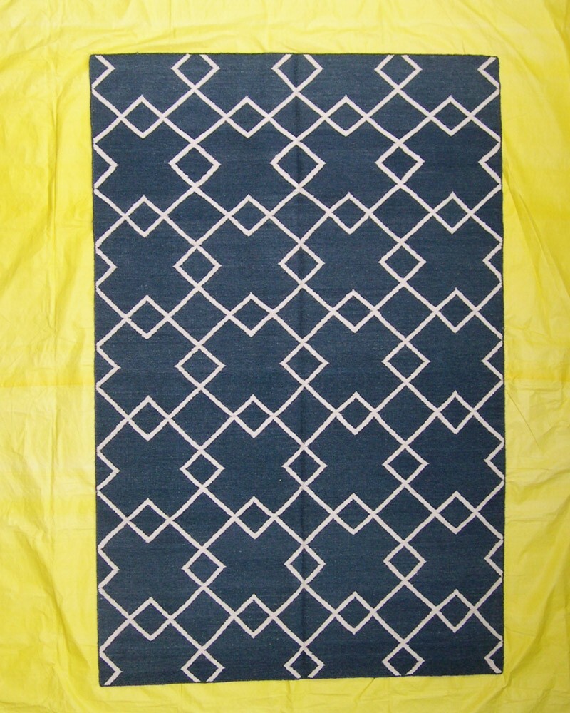 Oriental Rug 5×8 Wool Flat-Woven Rug Blue Geometric Tribal Living Room Rug