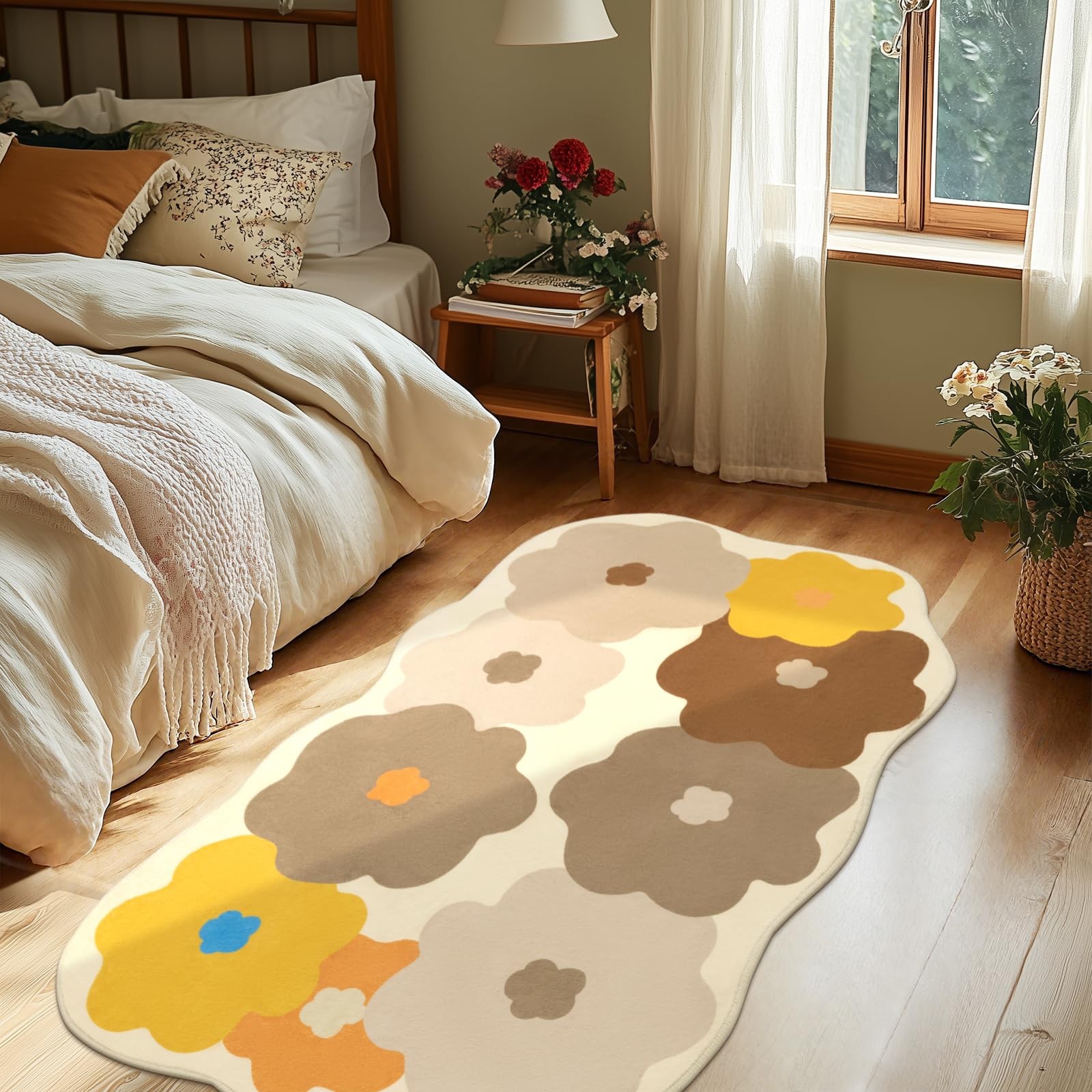 Floral Cute Rug 3×5 Irregular Scalloped Rug Beige Flower Shaped Indoor Mat Be