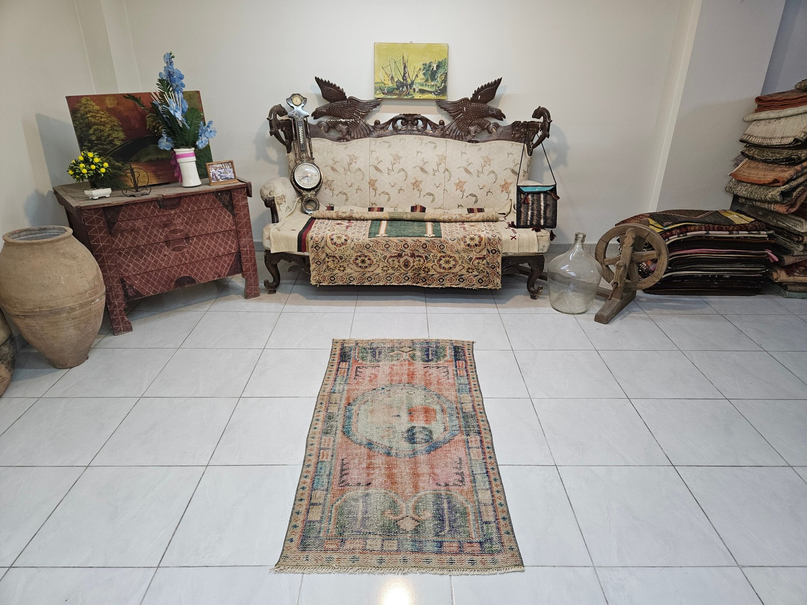 Small Orange Turkish Rug, Vintage Wool Accent Rug (2.5 x 4.9 ft)