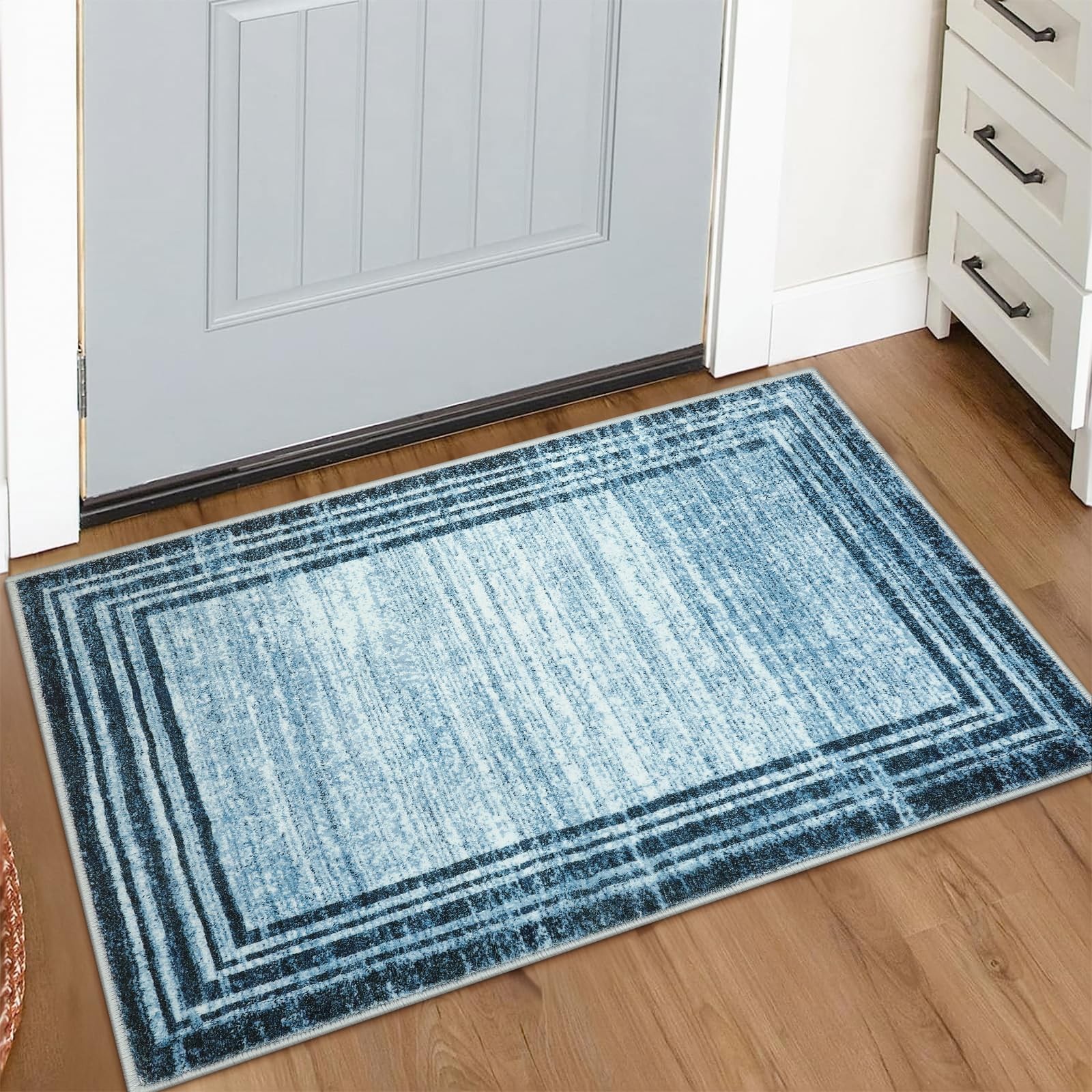 Modern Abstract Area Rug Washable Blue 2×3 Inch Entryway Non Skid Mat 1 PCS