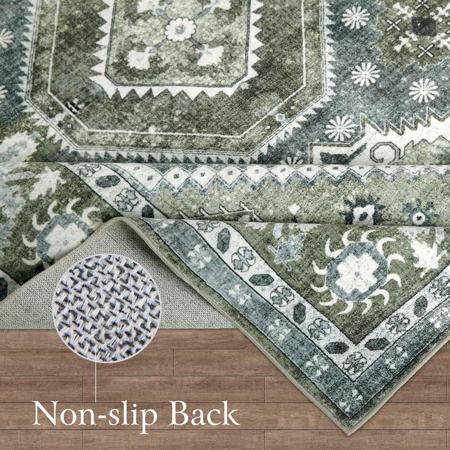 Boho Chic Large Washable Area Rug 9×12 in Dark Blue & Green for Living Room