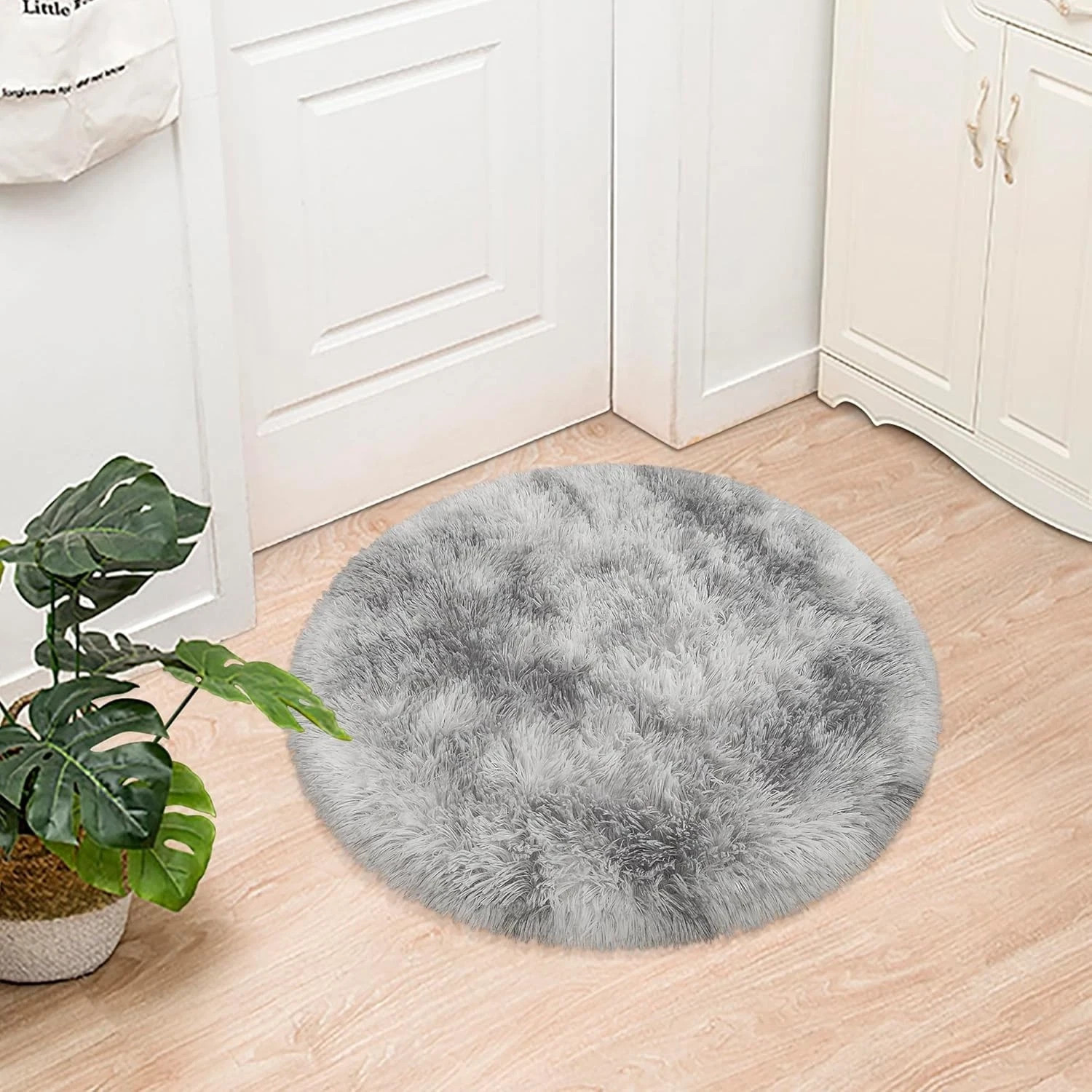 Tie Dye Grey Round Rugs Small 3×3 ft Fluffy Circle Rug Furry Carpet Shaggy