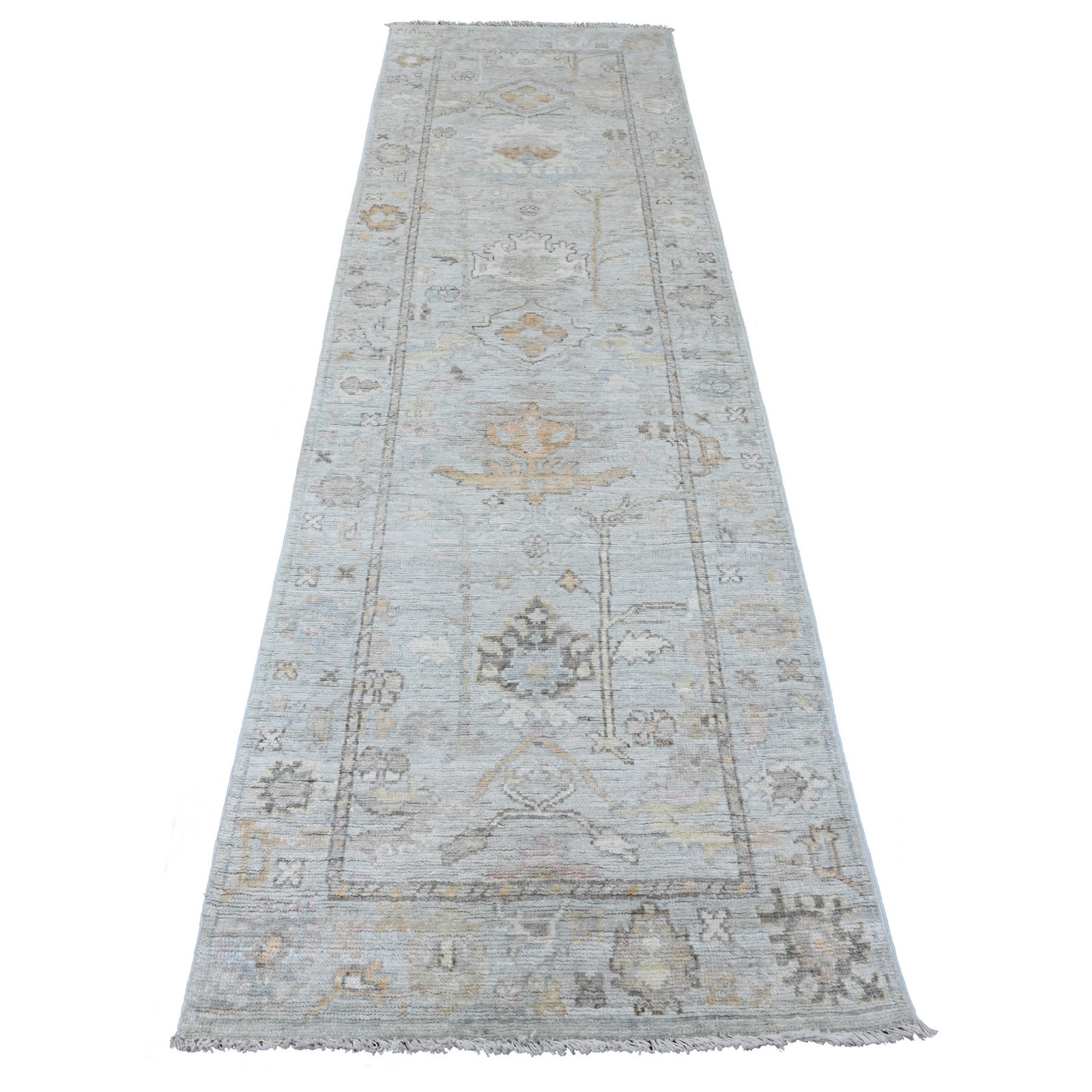 3’x9’9″ Cloud Gray Afghan Angora Oushak Pure Wool Hand Knotted Runner Rug R89874