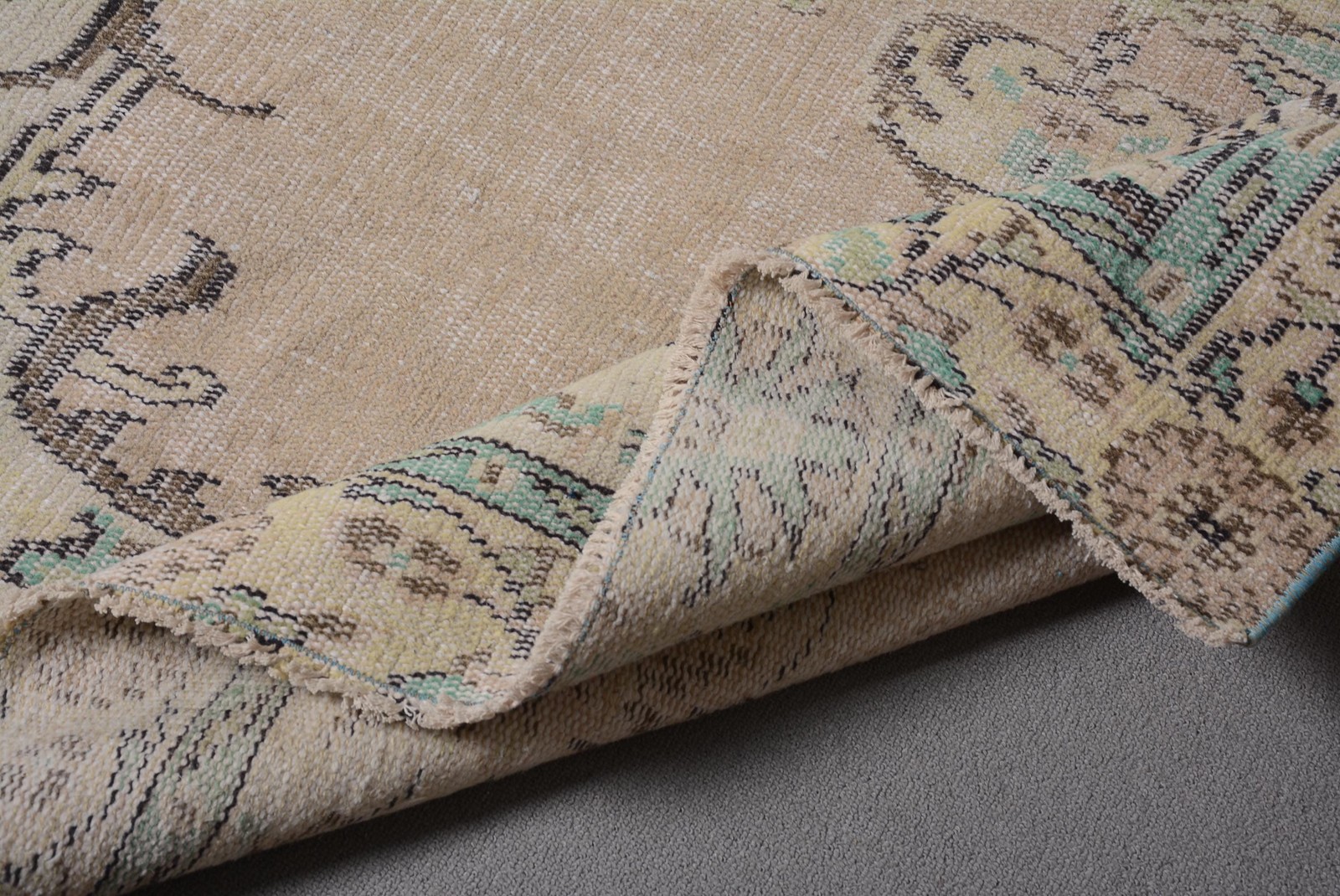 5,6×9,5 ft Vintage Large Rug, Beige Blue Turkish Solid Wool Rug