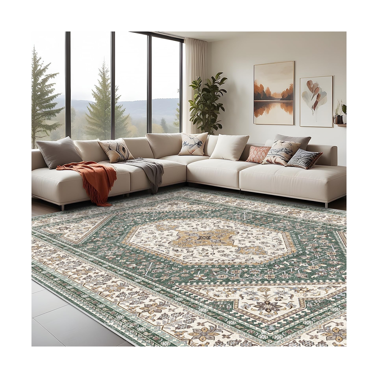 10×14 Washable Vintage Rug: Oriental Rugs for Living Room Non Slip Backing St…